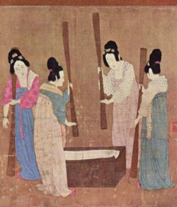 Women striking and preparing Silk. Painting by Emperor Huizong of Song, early 12th century.
